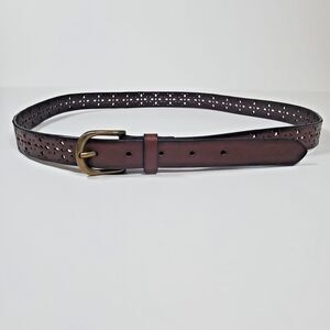 Unbranded Women's Brown Leather Belt XL Perforated Brass Buckle Boho
